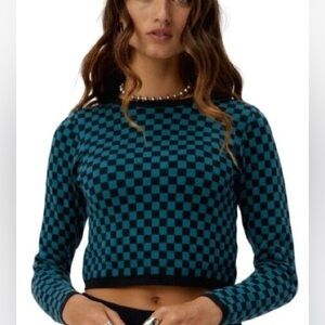 NWT daydreamer cropped sweater top checked teal blue super soft
